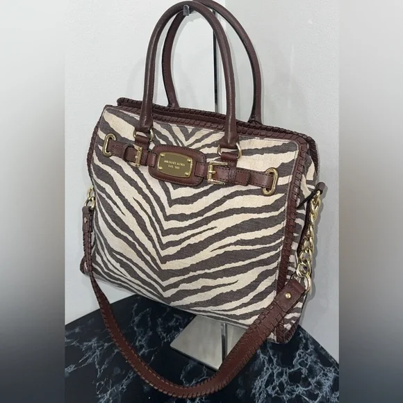 MICHAEL KORS Large Handbag Hamilton Zebra Print Brown Ivory AUTHENTIC - Picture 3 of 14